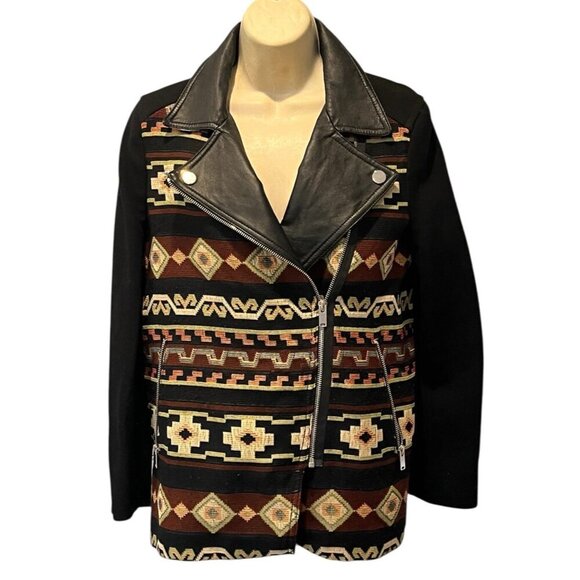 Zara Black Genuine Leather Aztec Southwestern Tapestry Boho Moto Zip Jacket - Picture 4 of 15